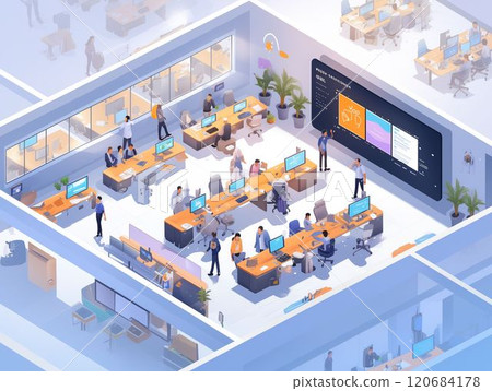 Isometric illustration of an office where many business people work_1 Isometric illustration of an office where many business people work_1 120684178