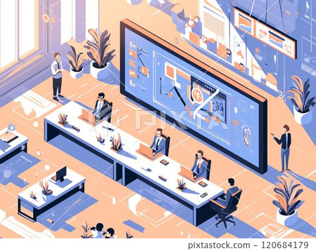 Isometric illustration of an office with a large display_1 Isometric illustration of an office with a large display_1 120684179