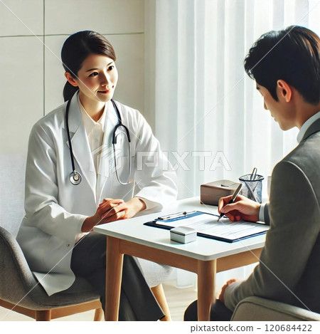 A doctor explaining a treatment timeline to a patient, clearly illustrating the process A doctor explaining a treatment timeline to a patient, clearly illustrating the process 120684422