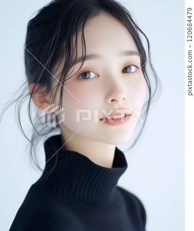 AI-generated images of beautiful black-haired women, skin care, and hairstyles 120684479