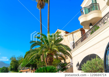 A Mediterranean villa with elegant balconies, framed by palm trees and set under a vivid blue sky, offering a serene tropical ambiance. A Mediterranean villa with elegant balconies, framed by palm trees and set under a vivid blue sky, offering a serene tropical ambiance. 120684714