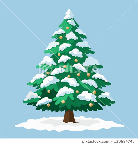 Christmas tree with snow flakes on branches, round ornaments decorations on blue background. Vector illustration. Christmas tree with snow flakes on branches, round ornaments decorations on blue background. Vector illustration. 120684743