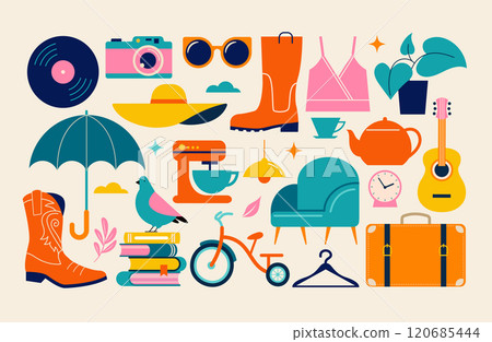 Collection of different home goods. Flea market, Garage sale, stickers, icons, elements 120685444