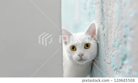 White cat with golden eyes peeking around corner, looking elegant and gentle. This feline is watchful and cute 120685508