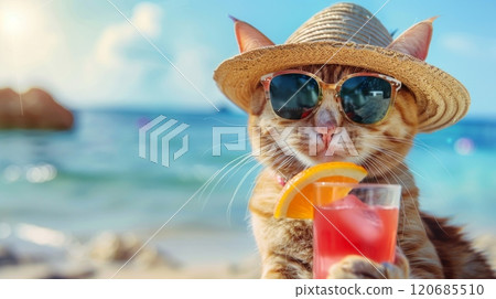 A trendy cat relaxes on a sandy beach in style with sunglasses and hat, enjoying a drink under the sun 120685510