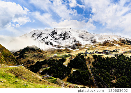 Mountains and ski resort Baqueira Beret in the municipality of Alto Aran, Aran Valley, Lerida. Snow in the Pyrenees Mountains and ski resort Baqueira Beret in the municipality of Alto Aran, Aran Valley, Lerida. Snow in the Pyrenees 120685602