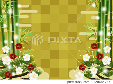 New Year background, cute, illustration, pine, bamboo, plum, gold, horizontal 120685743