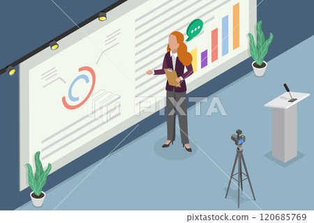 3D Isometric Flat Vector Illustration of Public Speaking, Business Seminar or Conference 120685769