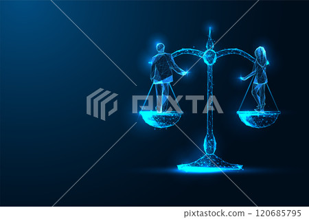 Gender equality concept with glowing digital scale balancing man and woman on dark blue background.  120685795