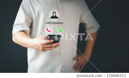 Concept of scam, fraud with a phone from the scammer. Man answering the incoming call. Phone call was from an unknown number. Call center gang or stranger. Hoax person with a fake identity. Concept of scam, fraud with a phone from the scammer. Man answering the incoming call. Phone call was from an unknown number. Call center gang or stranger. Hoax person with a fake identity. 120686312