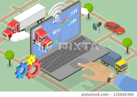 3D Isometric Flat Vector Illustration of Fleet Management Software, Enhanced Operational Efficiency And Control 120686366