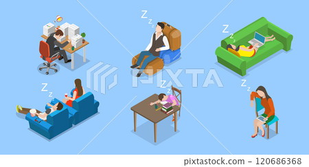 3D Isometric Flat Vector Illustration of Exhausted and Sleepy People, Fatigue and Drowsiness 120686368