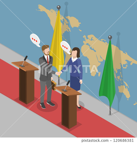 3D Isometric Flat Vector Illustration of Diplomacy, International Diplomats Gather For Negotiations And Signing Of Agreements 3D Isometric Flat Vector Illustration of Diplomacy, International Diplomats Gather For Negotiations And Signing Of Agreements 120686381