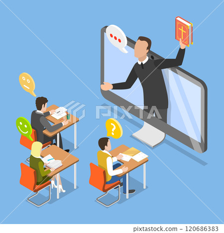 3D Isometric Flat Vector Illustration of Online Religious Lectures, Divine Teaching, Religious Belief 120686383