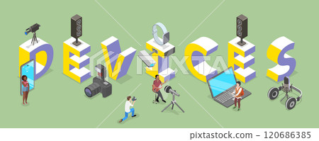 3D Isometric Flat Vector Illustration of Devices and Technologies, Text with Various Gadgets and Electronics 120686385
