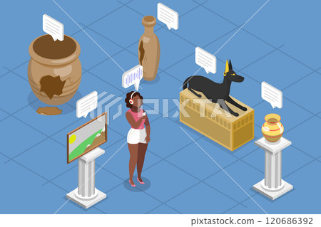 3D Isometric Flat Vector Illustration of Online Tours, Enjoying Self-Guided Tour With Audio App In Art Museum Exhibition 3D Isometric Flat Vector Illustration of Online Tours, Enjoying Self-Guided Tour With Audio App In Art Museum Exhibition 120686392
