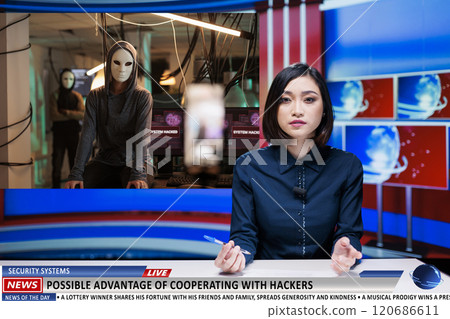 Journalist addresses hackers collab in securing national servers, protecting government information and passwords from malware attack. Woman newscaster doing reportage about IT experts. Journalist addresses hackers collab in securing national servers, protecting government information and passwords from malware attack. Woman newscaster doing reportage about IT experts. 120686611