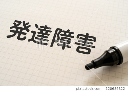 A notebook and marker with "developmental disorder" written on it A notebook and marker with "developmental disorder" written on it 120686822