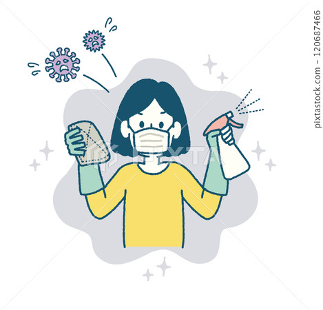 Cleaning, rag, disinfection, spray, mask, woman, illustration 120687466