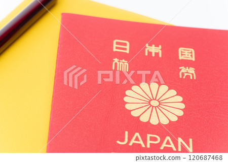 Close-up of a yellow notebook and passport 120687468