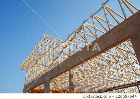 Wooden Roof Frame of House Under Construction 120687644