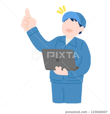 Flat illustration of a man in work clothes holding a laptop and pointing up 120688007