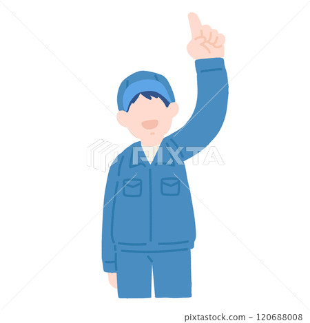 Flat illustration of a man in work clothes pointing and looking up 120688008