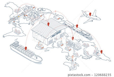 Global logistics network coordinates transportation, supply chain management (SCM), and operations across companies worldwide to deliver efficient logistics services. Vector illustration EPS 10 120688235