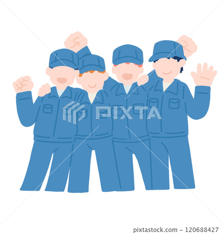 A flat illustration of four men in work clothes happily putting their arms around each other A flat illustration of four men in work clothes happily putting their arms around each other 120688427