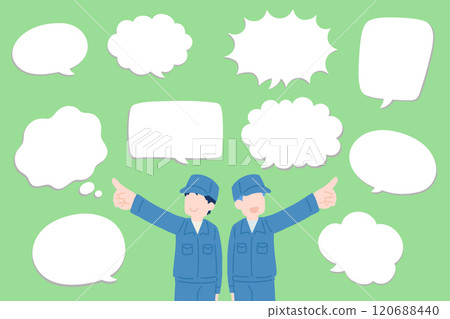 Flat illustration (set) of two men in work clothes pointing and a speech bubble 120688440