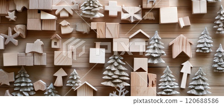 Creative wooden Christmas decor setup 120688586