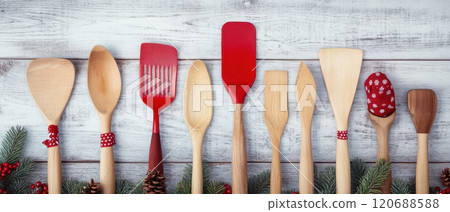 Wooden kitchen utensils for Christmas baking 120688588