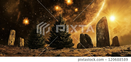 Christmas stars shine over old stones 120688589