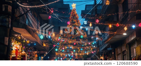 Festively lit street for Christmas 120688590