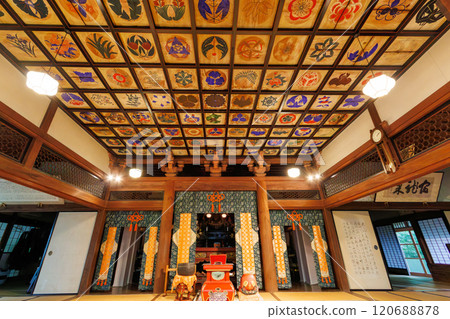 The beautiful Edo-period ceiling paintings decorate the main hall. There are 99 square paintings of plants in the style of family crests. Kawazu Town, Izu 120688878