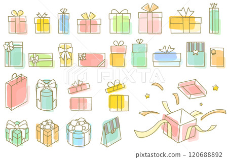 手繪水彩風格禮物盒向量插圖集金線畫華麗可愛 120688892