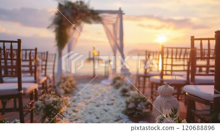A gentle haze enveloping a seaside wedding ceremony with the sun setting in the background 120688896