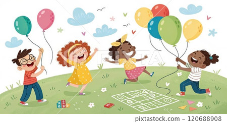 Happy children playing outdoors with balloons and hopscotch game 120688908