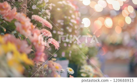 Blurry pastel hues blending together at an indoor flower show creating a dreamy atmosphere Blurry pastel hues blending together at an indoor flower show creating a dreamy atmosphere 120688915