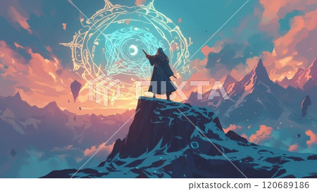 A sorceress stands on the highest point of a mountain her spellbook open to the page on lunar magic as she conjures a protective shield around her kingdom using the energy of the moon 120689186