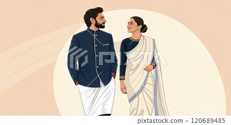 Indian couple wearing traditional clothing walking together 120689485
