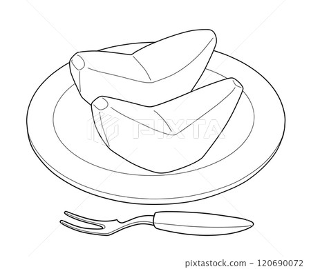 Line drawing illustration of a plate, cut apple or pear, and a princess fork 120690072