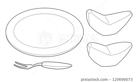 Line drawing illustration of a plate, cut apple or pear, and a princess fork 120690073