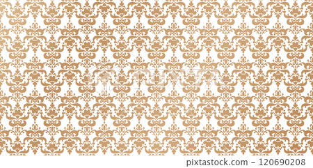 decorative floral seamless damask wallpaper pattern golden colors isolated backgrounds for knitted fabric textured, fabric printing, birthday invitations covers, wrapping paper, covering book elements 120690208