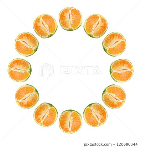 Green orange round watercolor frame isolated on white. High quality hand drawn clip art perfect for food design, packages, restaurant menu, cards, poster, natural organic food ads, label, logo decor Green orange round watercolor frame isolated on white. High quality hand drawn clip art perfect for food design, packages, restaurant menu, cards, poster, natural organic food ads, label, logo decor 120690344