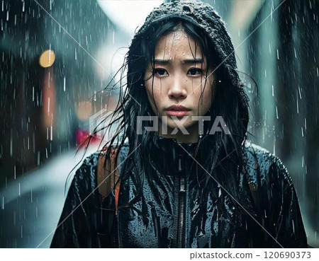 一個女人帶著悲傷的表情在雨中行走 120690373