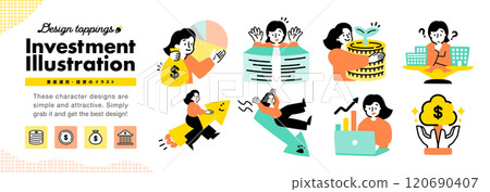 Illustrated icons of women in their 20s related to investment, asset management, stock prices, etc. Illustrated icons of women in their 20s related to investment, asset management, stock prices, etc. 120690407