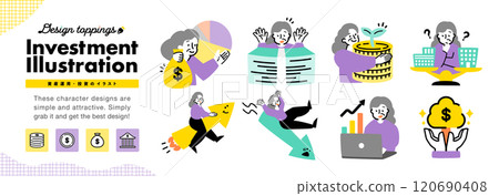 Illustrated icons of senior women related to investment, asset management, stock prices, etc. Illustrated icons of senior women related to investment, asset management, stock prices, etc. 120690408
