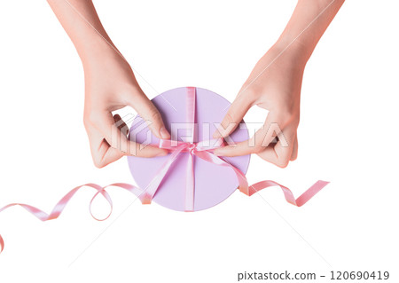 PNG, Gift box, purple round box isolated on white background. PNG, Gift box, purple round box isolated on white background. 120690419