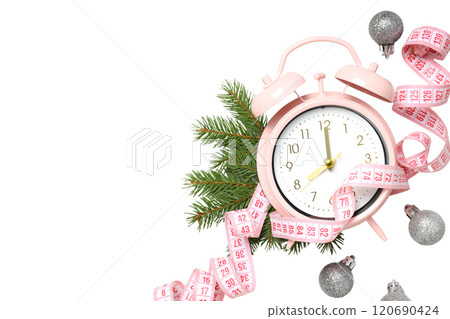 PNG, Sport new year, pink clock with centimeter tape, isolated on white background. PNG, Sport new year, pink clock with centimeter tape, isolated on white background. 120690424